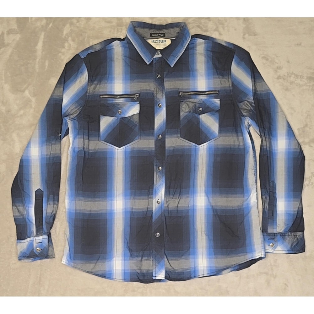 Urban Pipeline Shirt Mens XL Blue Plaid Chest Pockets Roll Tab Sleeves Easy Care